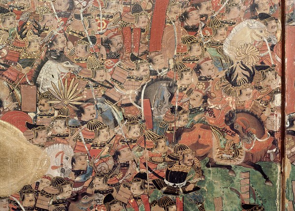 Detail of part of a folding screen which depicts the siege of Osaka Castle (1615)