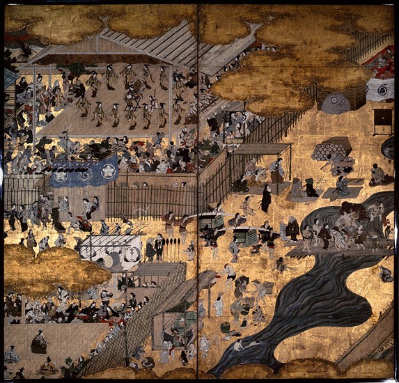 A screen depicting popular festivities that took place at Shijo gawa, Kyoto