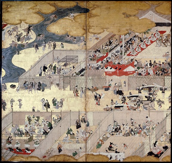 A screen depicting the popular festivities that took place at Shijo gawa, Kyoto