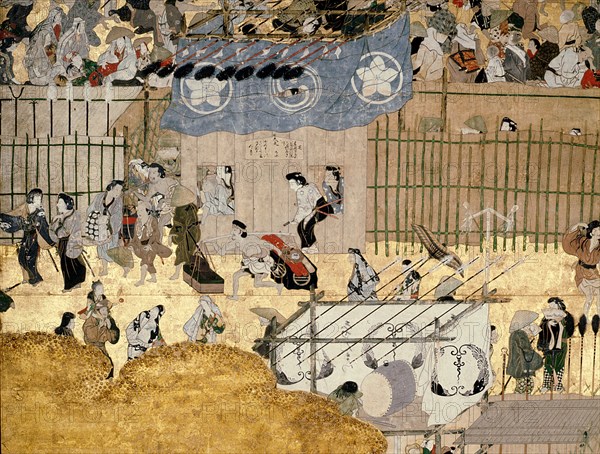 A screen depicting the popular festivities that took place at Shijo gawa, Kyoto