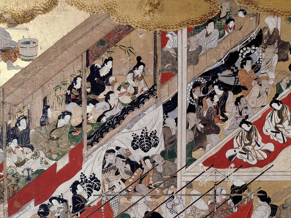 A screen depicting the popular festivities that took place at Shijo gawa, Kyoto