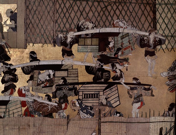 A screen depicting the popular festivities that took place at Shijo gawa, Kyoto