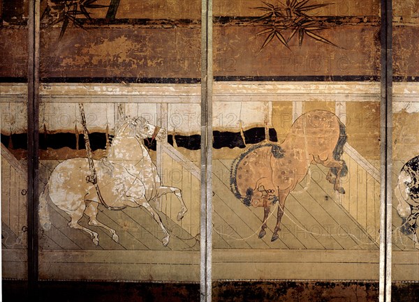 Folding screen depicting a stable scene (detail)