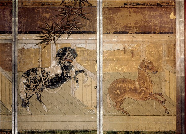 Folding screen depicting a stable scene (detail)