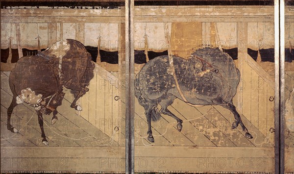 Folding screen depicting a stable scene (detail)