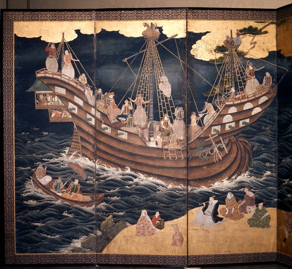 Detail of a screen depicting Portuguese carracks at Nagasaki