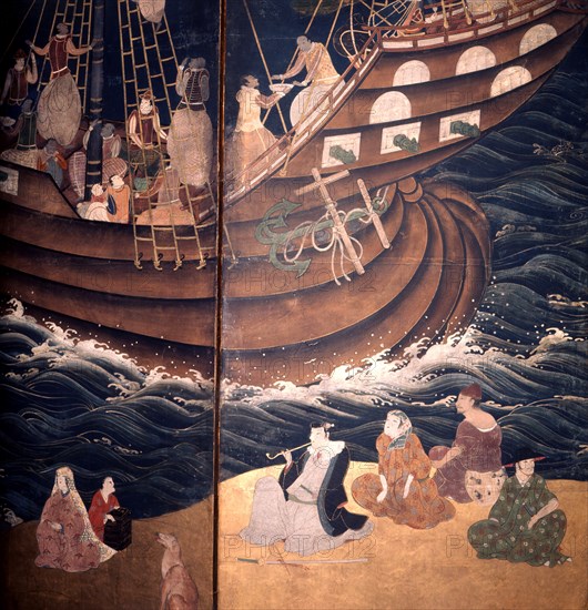 Detail of a screen depicting Portuguese carracks at Nagasaki