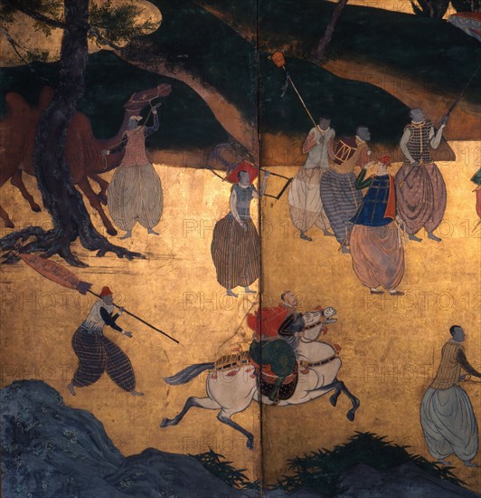 A detail of a screen depicting Portuguese merchants in Japan