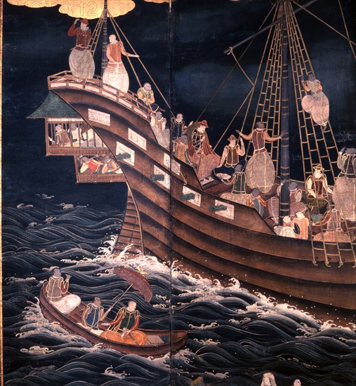 Detail of a screen depicting Portuguese carracks at Nagasaki