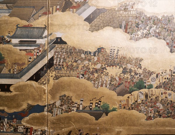 Detail of part of a folding screen which depicts the siege of Osaka Castle (1615)