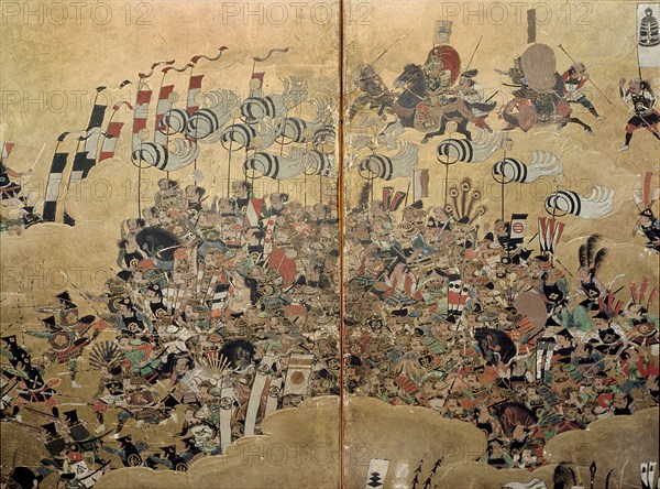 Detail of part of a folding screen which depicts the siege of Osaka Castle (1615)