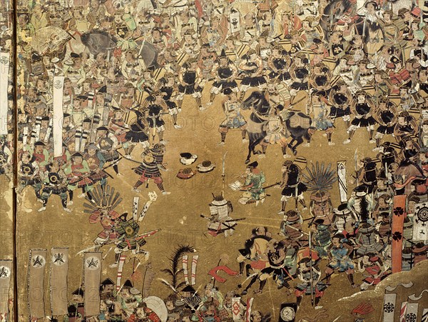 Detail of a folding screen which depicts the siege of Osaka Castle (1615)