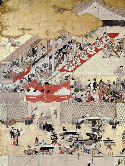 A screen depicting the popular festivities that took place at Shijo gawa, Kyoto