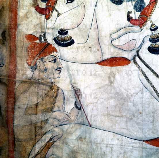 Detail of a temple cloth in which Krishna plays his flute among the cows and herdsmen with whom he spent his youth