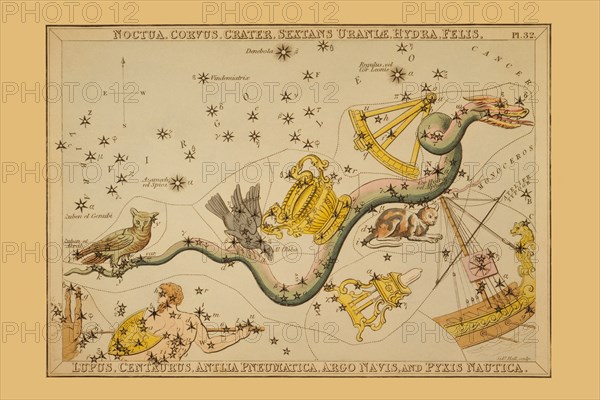 Noctua, Corvus, Crater, Sextans Uraniæ, Hydra, Felis, Lupus, Centaurus, Antlia Pneumatica, Argo Navis, and Pyxis Nautica  1825