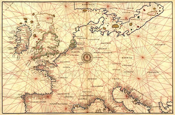 Portolan Map of Spain, England, France, Germany, The British Isles 1544