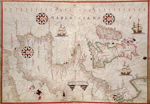 Portolan Map of Spain, England, Ireland & France 1590