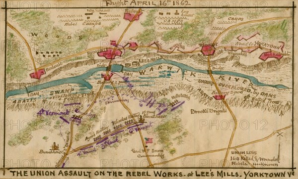 Union assault on the Rebel works at Lee's Mill, Yorktown, Va.. 1862