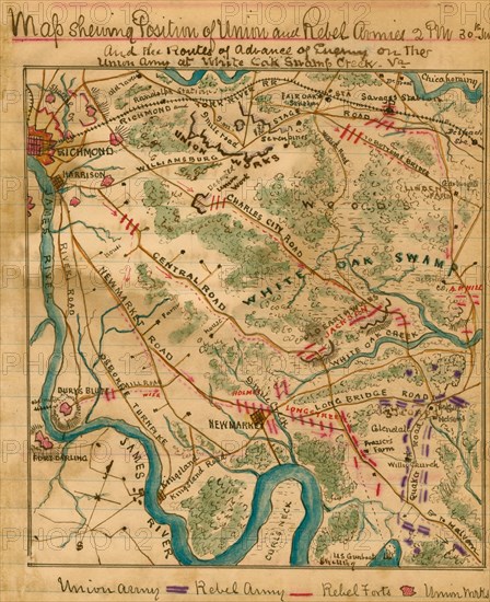 Routes of advance of enemy on the Union Army at White Oak Swamp Creek Va. 1862