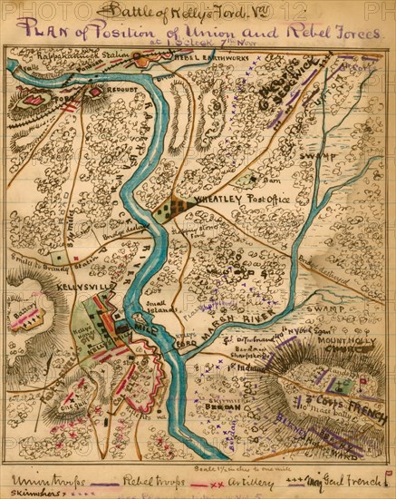 Battle of Kelly's Ford, Va.. Plan of position of Union and Rebel forces at 1 o'clock 7th Nov. 1863