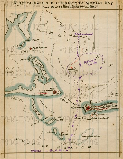 Map showing entrance to Mobile Bay and course taken by Union fleet. 1864