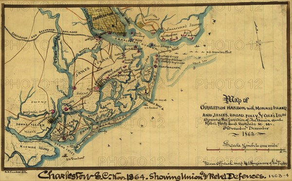 Charleston Harbor with Morris Island and James, Broad, Folly, and Cole's islands. 1863