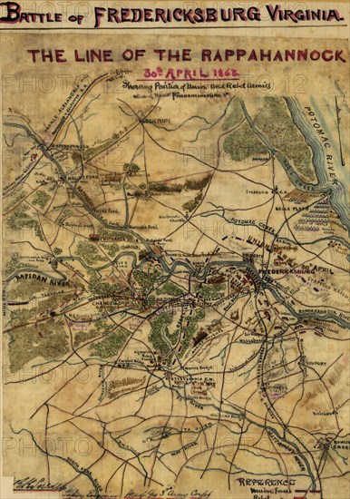 Line of the Rappahannock, 30th April 1863. Showing position of Union and Rebel armies at and near Fredericksburg, Va. 1863