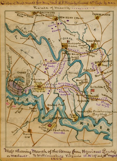 March of the [U.S.] Army from Harrison's Landing or Westover to Williamsburg, Virginia, 15th, 16th, 17th and 18th August. 1862