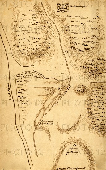 Fort Washington with the position of Hessian encampment at the time of the capture. 1776