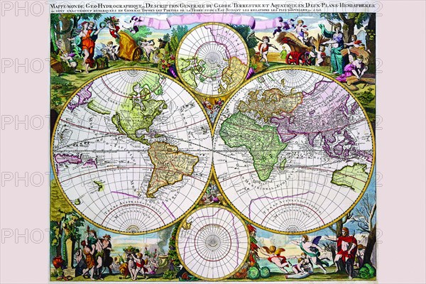 Stereographic Map of the World with Classical Illustration 1686