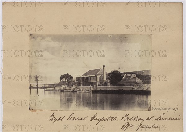 View of Port Royal hospital across water, Jamaica