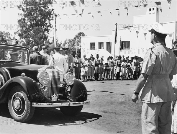 Duke of Edinburgh arrives at Kenya Regiment HQ, Nairobi