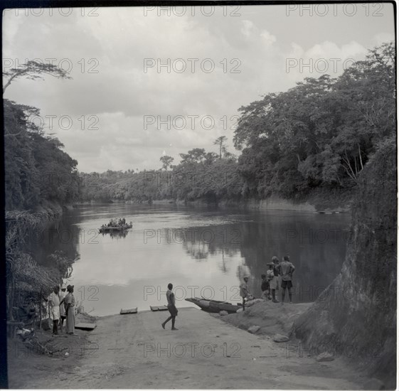 Journey from Ibadan to Cameroons, the Cross river ferry (at Mfum), ferry approaching