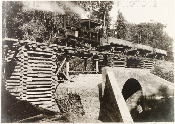 Steam train crossing culvert on the Rio Claro extension, Trinidad