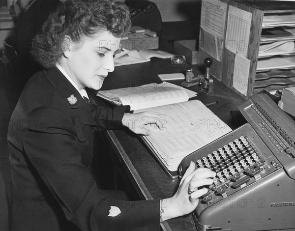 Woman Using Rotary Calculator