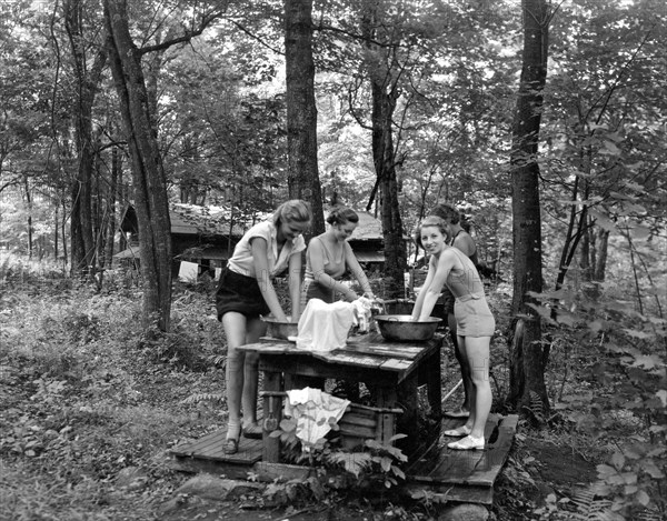 East Otis, Massachusetts:  c. 1925.
Wash day in the woods at the Bonnie Brae Girl Scout Camp in Massachusetts