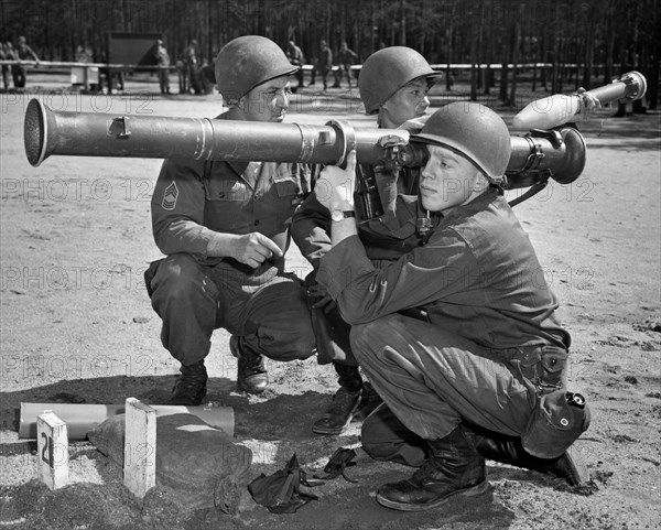 United States: c. 1941.
Recruits undergoing bazooka training for World War II.