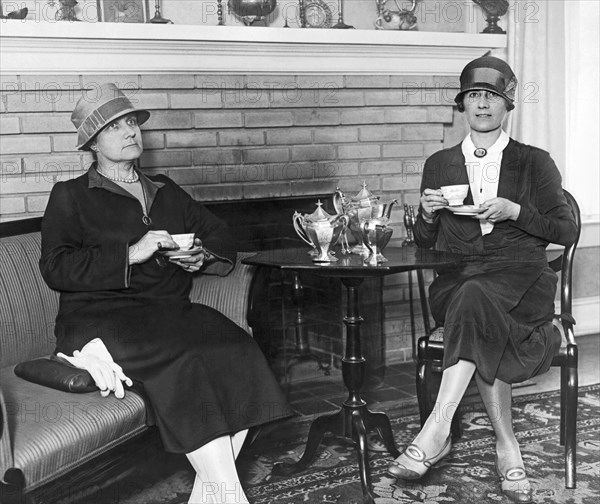 Washington, D.C.:  June 14, 1926.
Two Washington, DC, society women having tea as they plan opening an exclusive tea shop on Connecticut Avenue in Washington, patterning their shop after night clubs with an exclusive membership roll.