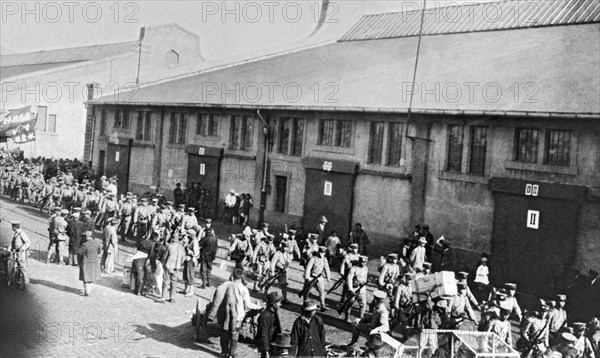Tsing-Tao, China:  c. 1934.
Japanese troops debarking at the docks of Tsing-tao to board the railroad for Tsinan, the capital of Shantung.