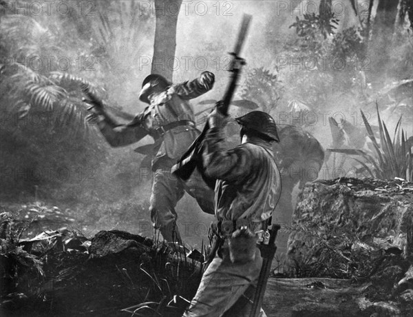 A World War II hand to hand combat battle scene.