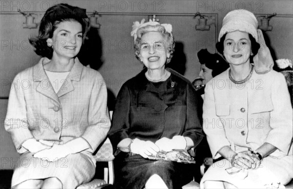 Washington, D.C.   May, 1962.
Mrs. Jacqueline Kennedy, Mrs. Wallace Bennett of Utah, and Lady Bird johnson at a congressional wives luncheon.