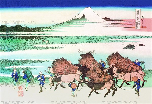 Merchants Travel to Market in View of Mount Fuji
