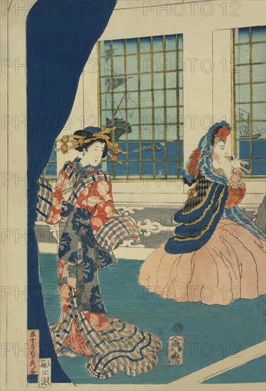 Courtesans in a western-style building of Yokohama (Yokohama no yokan no yujo) 1861