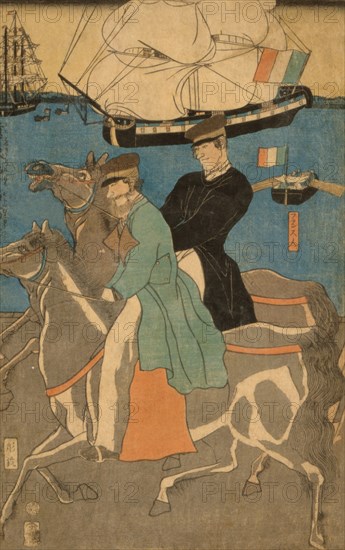 French men taking horse ride on Sunday in Yokohama (Yokohama kyu¯jitsu Furansujin uma yu¯ko¯) 1861