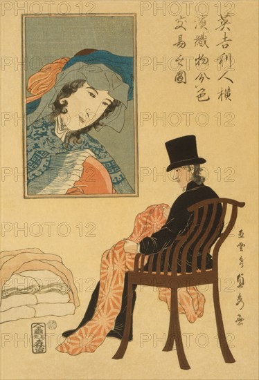 English man sorting fabrics for trade in Yokohama (Igirisujin Yokohama ni orimono irowake no zu) 1861