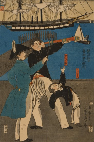 Russians enjoying themselves on Sunday in Yokohama (Yokohama kyu¯jitsu - Oroshiyajin yu¯ko¯) 1861