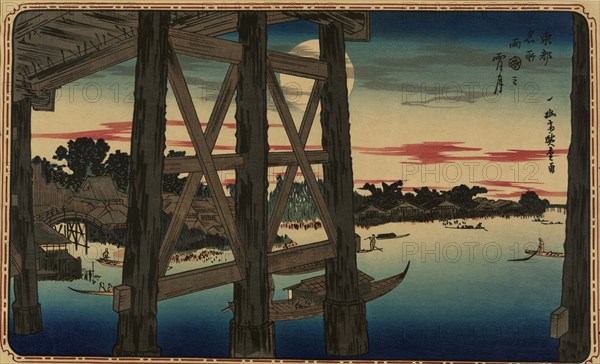 View of full moon from the scaffolding beneath a bridge, with city on the left 1900