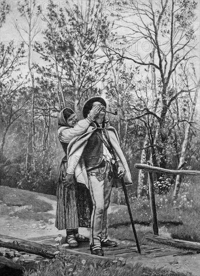 Woman covering a man's eyes with her hands