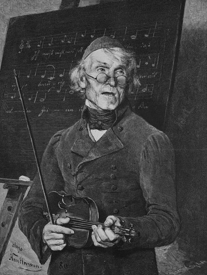 Elderly music teacher holding a violin