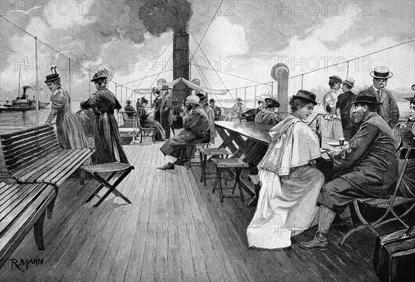 On the deck of a steamboat,